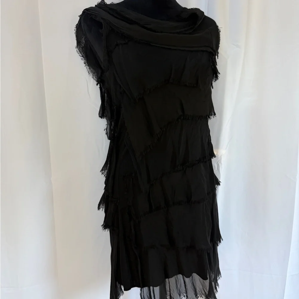 Tempo Paris Tiered Silk Raw Edge Asymmetrical Black Dress, Size M - Picture 3 of 16